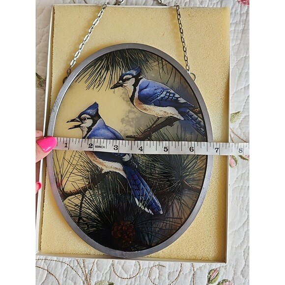Pair of Blue Jay's Oval Glass Sun Catcher by Glass Masters 1989 - Picture 7 of 8